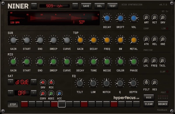 Hyperfocus DSP「Niner」3レイヤー構造と強力な歪み処理！キックをゼロから設計できる無料シンセ｜DTMプラグインセール