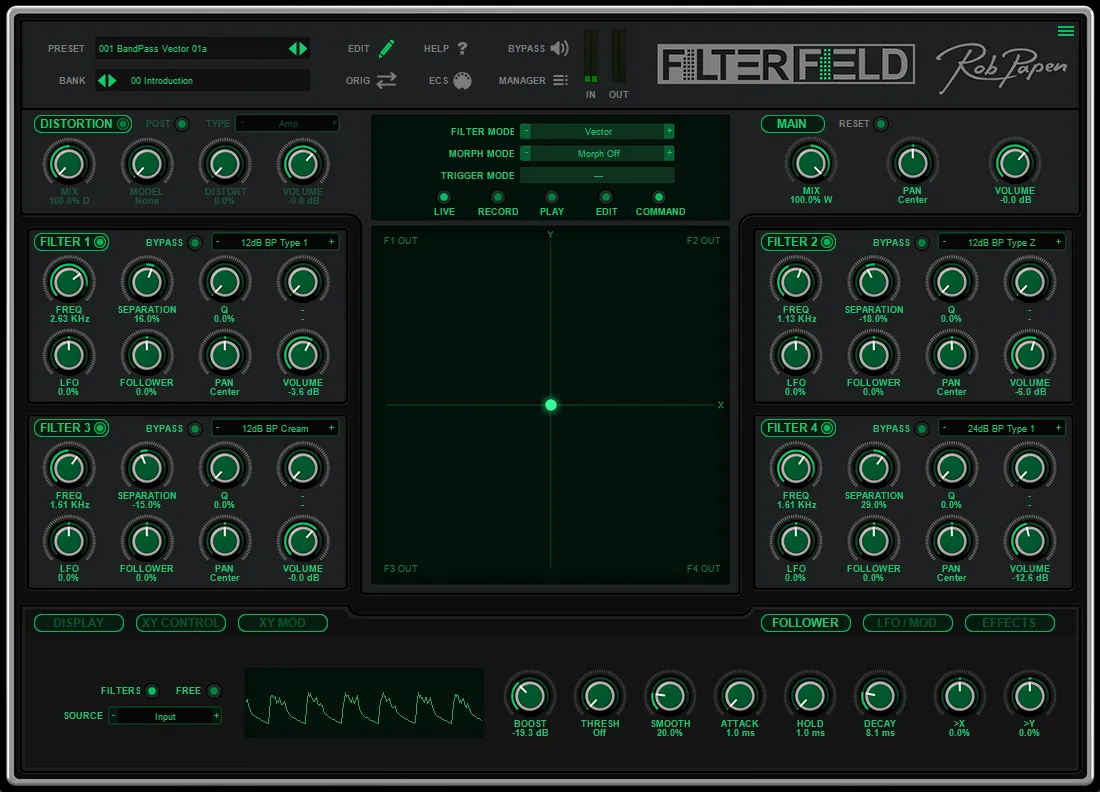 Rob Papen「FilterField」4つのフィルターとXYモーフィングを組み合わせ、直感操作だけで音にダイナミックな動きと展開を生み出すフィルターエフェクト｜DTMプラグインセール