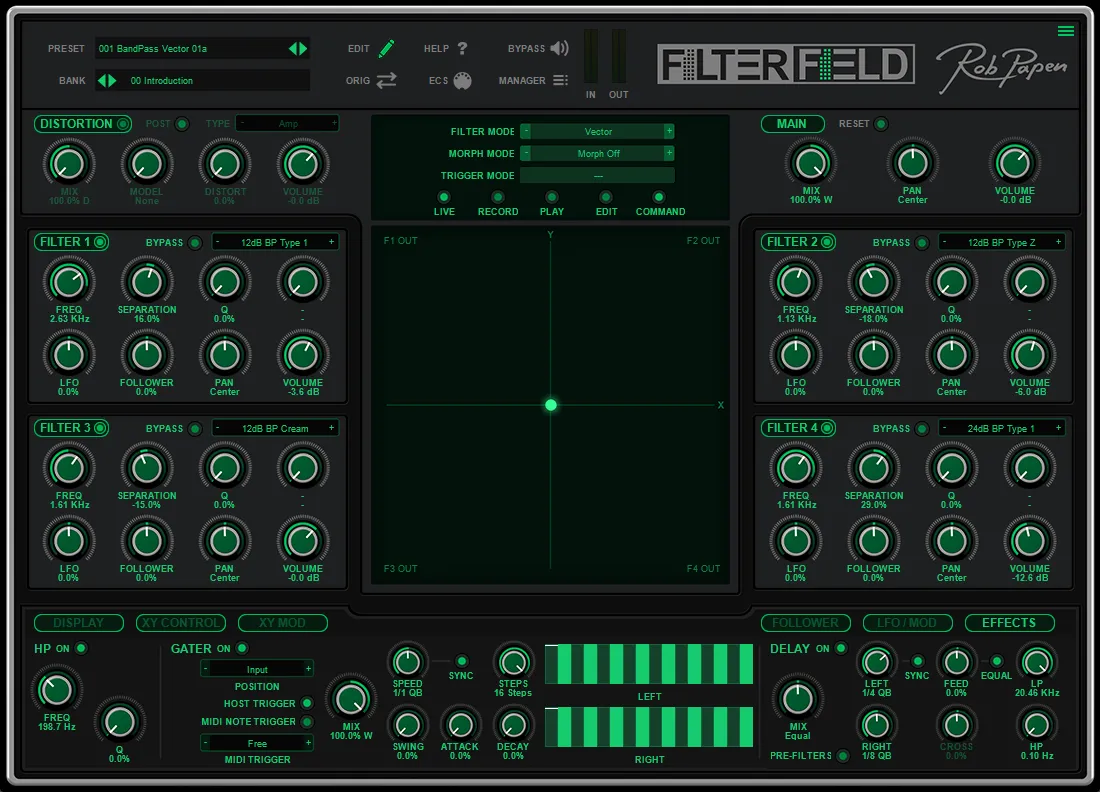 Rob Papen「FilterField」4つのフィルターとXYモーフィングを組み合わせ、直感操作だけで音にダイナミックな動きと展開を生み出すフィルターエフェクト｜DTMプラグインセール