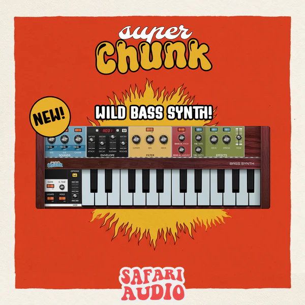 Safari Audio「Super Chunk」Lo-Fi・Synthwave・Industrial系と相性抜群！70年代アナログシンセのような太さと荒さを現代的に楽しめるヴィンテージベースシンセ｜DTMプラグインセール