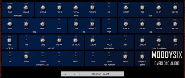 Overload Audio「MOODYSIX — Free Poly Six Voice Analogue Synth」1981年Korg Polysixの空気感を現代DAWで再現する6ボイス・アナログシンセプラグイン｜DTMプラグインセール