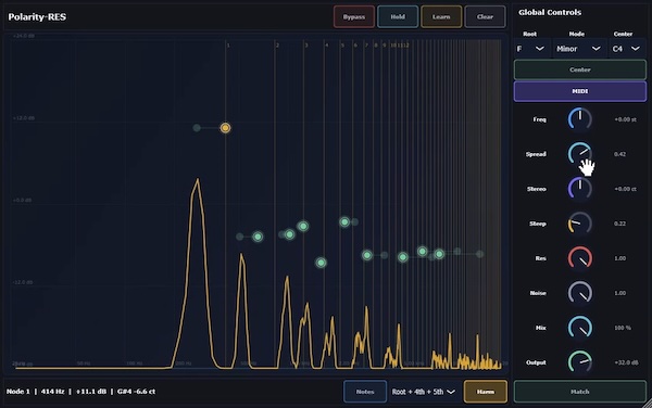 Polarity「Polarity-RES」スペクトラム上へ最大32個のレゾネーターを配置して音を共鳴させる実験系エフェクトプラグイン｜DTMプラグインセール