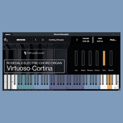 Toby James Music「Rosedale Cortina Virtuoso Chord Organ」1970年代の家庭用コードオルガンを再現した、ノイズ込みで味わえるローファイ音源｜DTMプラグインセール