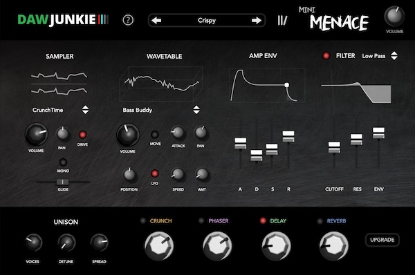 DAWJunkie「Mini Menace」Lo-Fiやダーク系トラックにぴったり！太く温かいアナログサウンドを手軽に作れる無料ソフトシンセ｜DTMプラグインセール