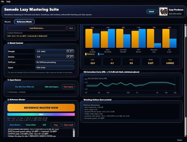 Semedo Audio「SEMEDO LAZY MASTERING SUITE v2」SmartScanによる自動解析とReference Match機能で、曲やステムを素早く完成形に近づけられるWindows向けマスタリングアプリ｜DTMプラグインセール