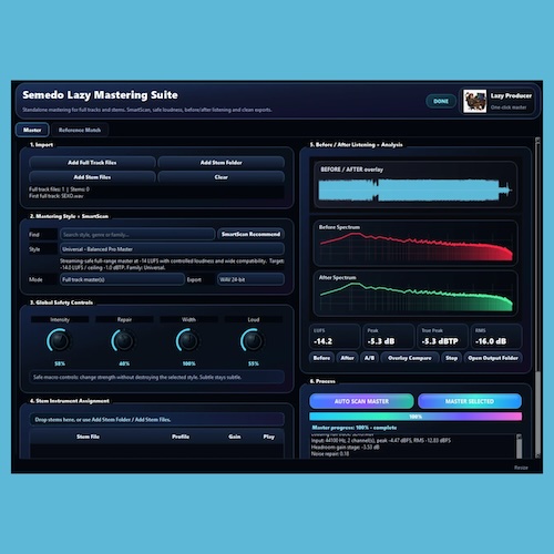 Semedo Audio「SEMEDO LAZY MASTERING SUITE v2」SmartScanによる自動解析とReference Match機能で、曲やステムを素早く完成形に近づけられるWindows向けマスタリングアプリ｜DTMプラグインセール