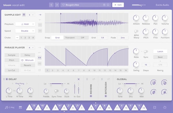 Excite Audio「Bloom Vocal Edit」ループとシーケンスを組み合わせ、動きのあるボーカルフックを直感的に作り出すボーカル制作ツール｜DTMプラグインセール