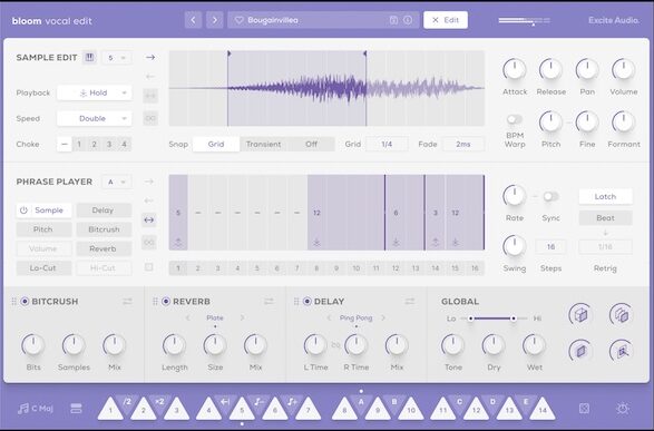 Excite Audio「Bloom Vocal Edit」ループとシーケンスを組み合わせ、動きのあるボーカルフックを直感的に作り出すボーカル制作ツール｜DTMプラグインセール