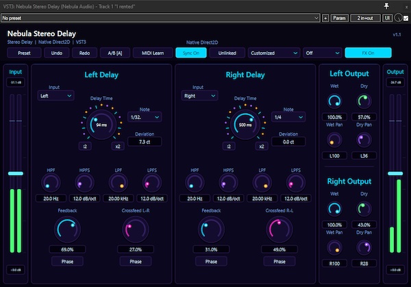 Nebula Audio「Nebula Stereo Delay」左右独立フィルターと8種類のルーティングを搭載した高機能ディレイ｜DTMプラグインセール