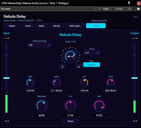 Nebula Audio「Nebula Delay」軽量設計なのにテンポ同期・フィルター・位相反転まで搭載した高機能モノラルディレイプラグイン｜DTMプラグインセール