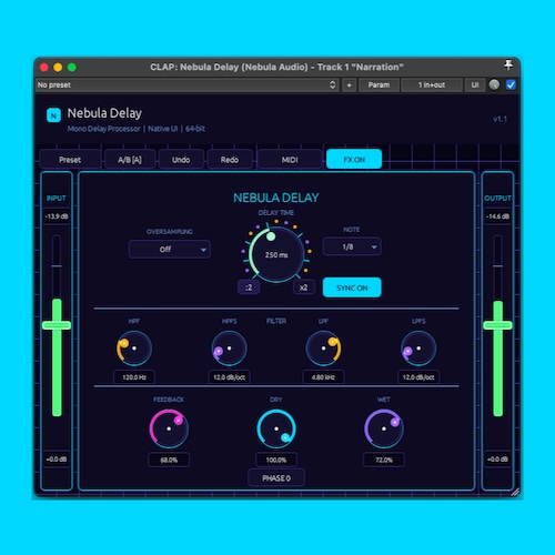 Nebula Audio「Nebula Delay」軽量設計なのにテンポ同期・フィルター・位相反転まで搭載した高機能モノラルディレイプラグイン｜DTMプラグインセール