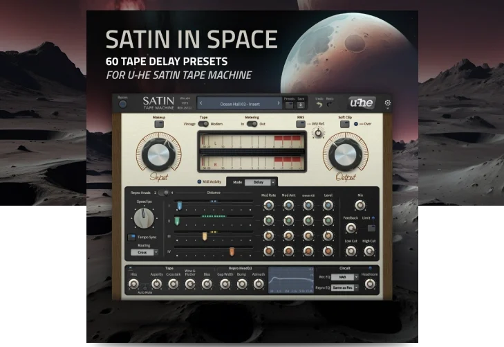 Ocean Swift Synthesis「Satin In Space」u-he Satinで幻想的なディレイ空間と浮遊感あるモジュレーションを作れるクリエイティブFXプリセット集｜DTMプラグインセール