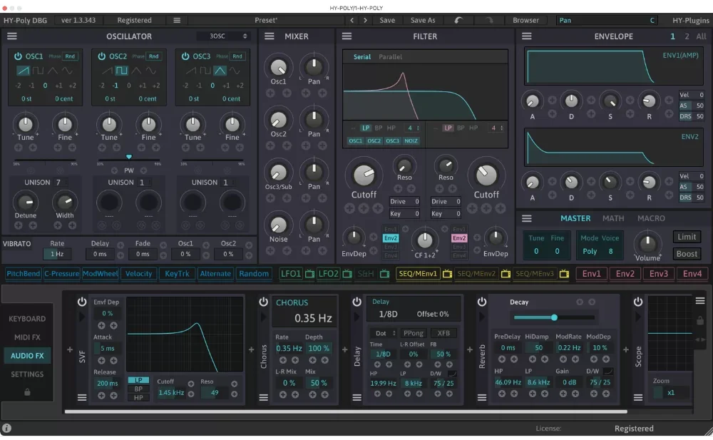 HY-Plugins「HY-POLY」MIDI FX・25種類のオーディオFX・豊富なモジュレーションを搭載した多機能ポリフォニックシンセ|DTMプラグインセール