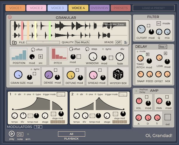 publicsamples「Oi, Grandad!」4つの独立グラニュラーボイスと大量モジュレーションで予測不能な音を作れる無料グラニュラーシンセ｜DTMプラグインセール