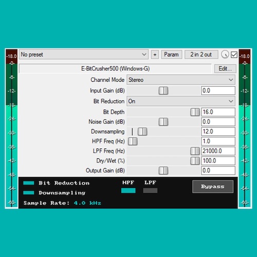 Windows-G「E-BitCrusher500」Mid/Side処理やノイズ量調整まで搭載！Lo-Fiから実験的サウンドまで幅広く使える高機能ビットクラッシャー｜DTMプラグインセール