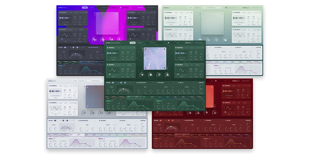 Excite Audio「Evolve Bundle」温かみのあるビンテージ音色を持つVelvetと、幻想的かつインダストリアルなメタリックサウンドを奏でるAlloy、空気を設計するEvolve Air、Nest Acousticsを収録し、ライブでも制作でも活躍する音源バンドル|DTMプラグインセール