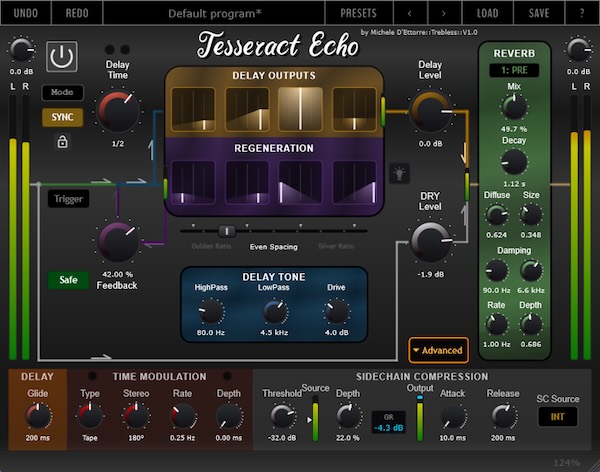 Trebless「Tesseract Echo」4ヘッド構成のマルチタップテープディレイにFDNリバーブやKarplus-Strongエンジンまで搭載した高機能空間系プラグイン｜DTMプラグインセール