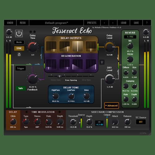 Trebless「Tesseract Echo」4ヘッド構成のマルチタップテープディレイにFDNリバーブやKarplus-Strongエンジンまで搭載した高機能空間系プラグイン｜DTMプラグインセール