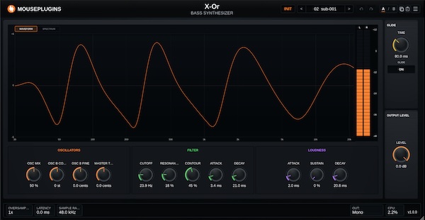 MousePlugins「X-Or」2基のソウオシレーターとレゾナントフィルターで重厚な低音を作れる無料モノフォニックベースシンセ｜DTMプラグインセール