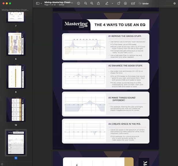 Mastering.com「Mixing & Mastering Cheat Sheet Binder (Digital)」EQ・コンプレッサー・リバーブ・ボーカルミックスの判断に迷わなくなる30ページの実践ガイド｜DTMプラグインセール