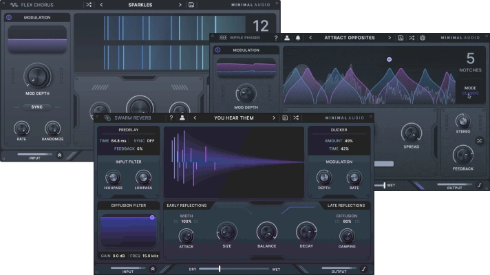 Minimal Audio「Space & Depth Bundle」コーラス・フェイザー・リバーブの3つの空間系エフェクトで広がりと奥行きを自在に演出できるバンドル|DTMプラグインセール