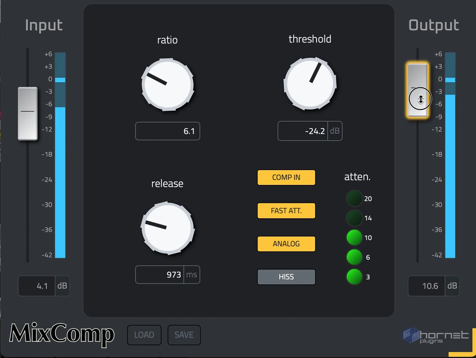 HoRNet Plugins「HoRNet MixComp」伝説的アナログコンソールのコンプレッサーサウンドを再現し、ボーカルからミックスバスまで幅広く活躍するコンプレッサー｜DTMプラグインセール