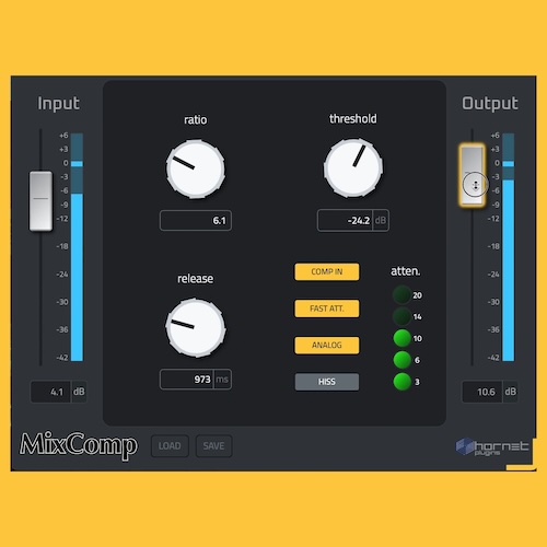 HoRNet Plugins「HoRNet MixComp」伝説的アナログコンソールのコンプレッサーサウンドを再現し、ボーカルからミックスバスまで幅広く活躍するコンプレッサー｜DTMプラグインセール