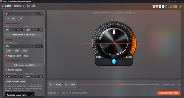 VybeCode Software「StripKit」1枚の透過PNGからオーディオプラグイン用フィルムストリップを自動生成できるオープンソースのGUI素材制作ツール