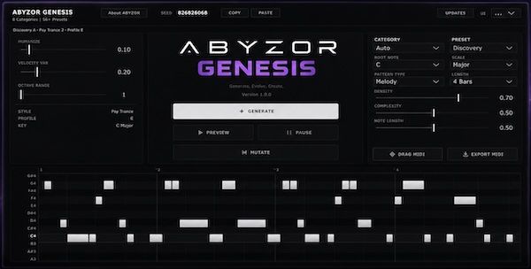 ABYZOR Audio「ABYZOR GENESIS」メロディ・コード進行・ベースライン・アルペジオを自動生成できる無料MIDIジェネレータープラグイン｜DTMプラグインセール