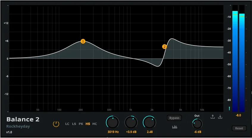 Rockheyday「BALANCE 2」シンプルな2バンド構成で素早く音を整えられる軽量パラメトリックEQ|DTMプラグインセール