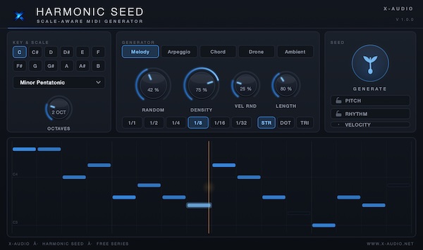 XAUDIO「Harmonic Seed」スケールに沿ったメロディやコード進行を自動生成し、作曲のアイデア作りをサポートするMIDIジェネレーター｜DTMプラグインセール