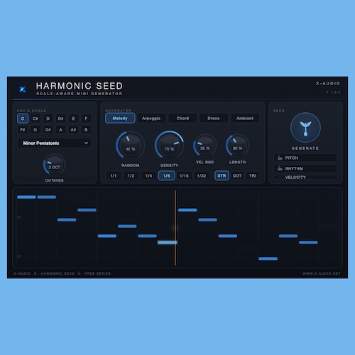 XAUDIO「Harmonic Seed」スケールに沿ったメロディやコード進行を自動生成し、作曲のアイデア作りをサポートするMIDIジェネレーター｜DTMプラグインセール