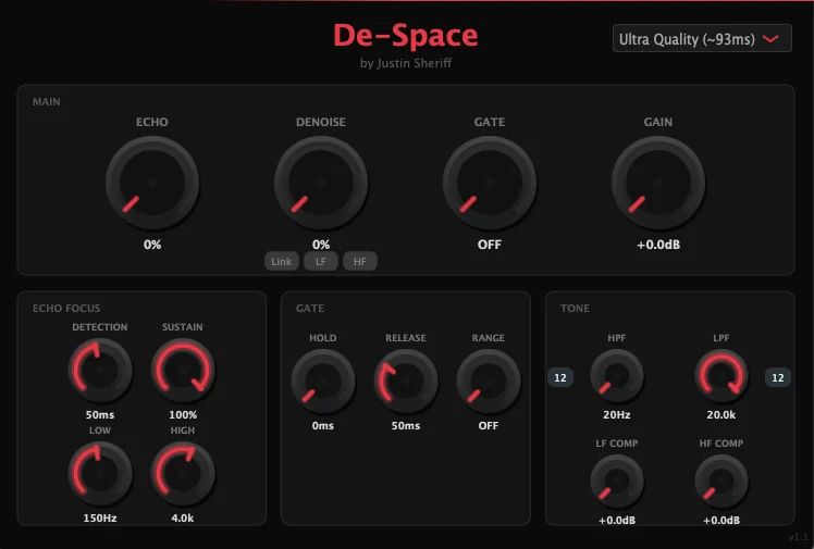 Justin Sheriff「De-Space」ボーカル録音やナレーション収録で気になる部屋の響きやノイズを手軽にクリーンアップできる便利なプラグイン｜DTMプラグインセール