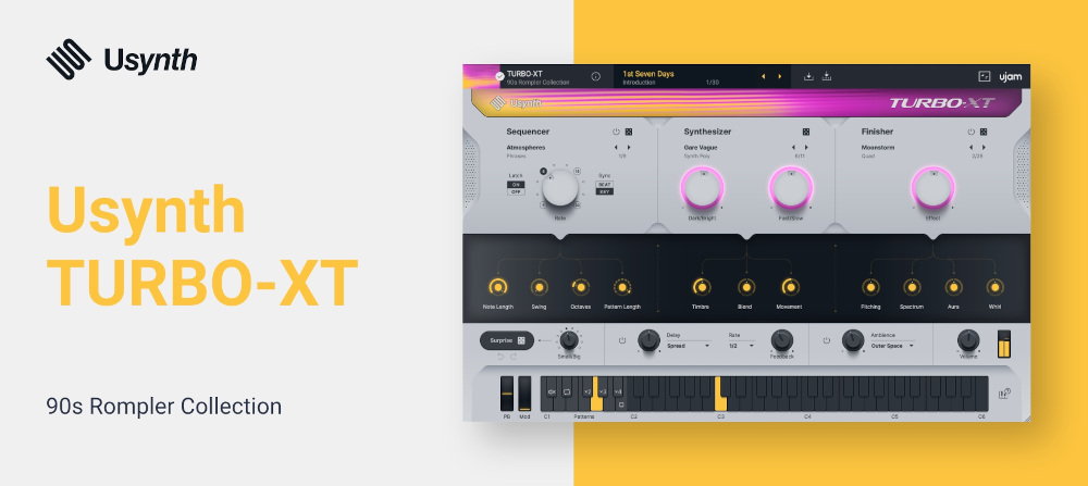 Ujam「Usynth TURBO-XT」VA・FM・ウェーブテーブル・サンプラーを融合！直感操作で広がる90年代ロンプラーサウンドを搭載したシンセ｜DTMプラグインセール