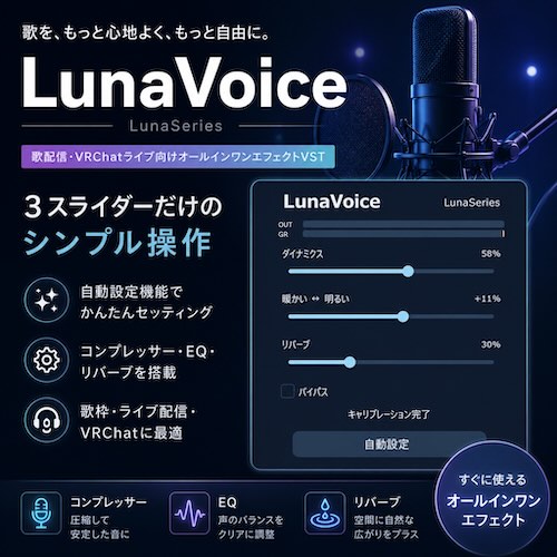 nina-tech「LunaVoice」コンプレッサー・EQ・リバーブをまとめて搭載!歌うだけで自動セッティングが完了するボーカル向けオールインワンVST|DTMプラグインセール
