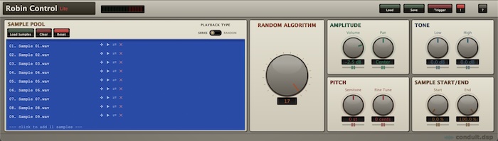 Conduit DSP「Robin Control Lite」ピッチや音量を自動で変化させながら自然なラウンドロビン再生を実現できるサンプラー|DTMプラグインセール