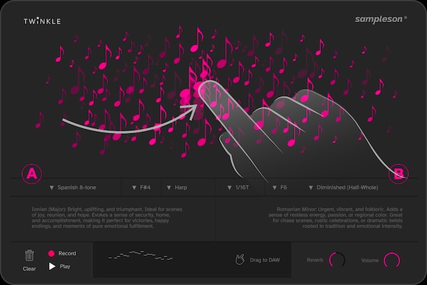 Sampleson「Twinkle」マウスをドラッグするだけで映画音楽のようなランやアルペジオを作成できるシネマティック作曲支援ツール｜DTMプラグインセール