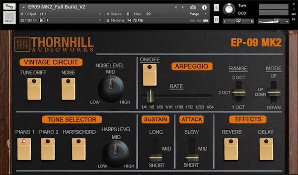 Thornhill AudioWorks「Roland EP-09 MK2」1970年代ヴィンテージ電子ピアノの個性的なサウンドを再現したローファイ系Kontakt音源｜DTMプラグインセール