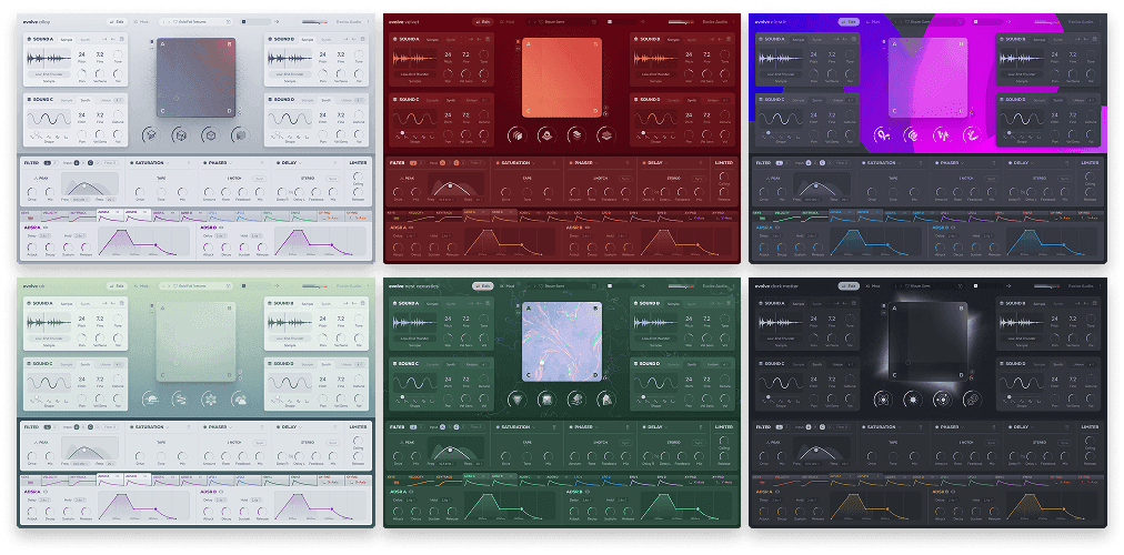 Excite Audio「Evolve Bundle」温かみのあるビンテージ音色を持つVelvetと、幻想的かつインダストリアルなメタリックサウンドを奏でるAlloy、空気を設計するEvolve Air、Nest Acoustics、ダーク系サウンドDark Matterを収録し、ライブでも制作でも活躍する音源バンドル｜DTMプラグインセール