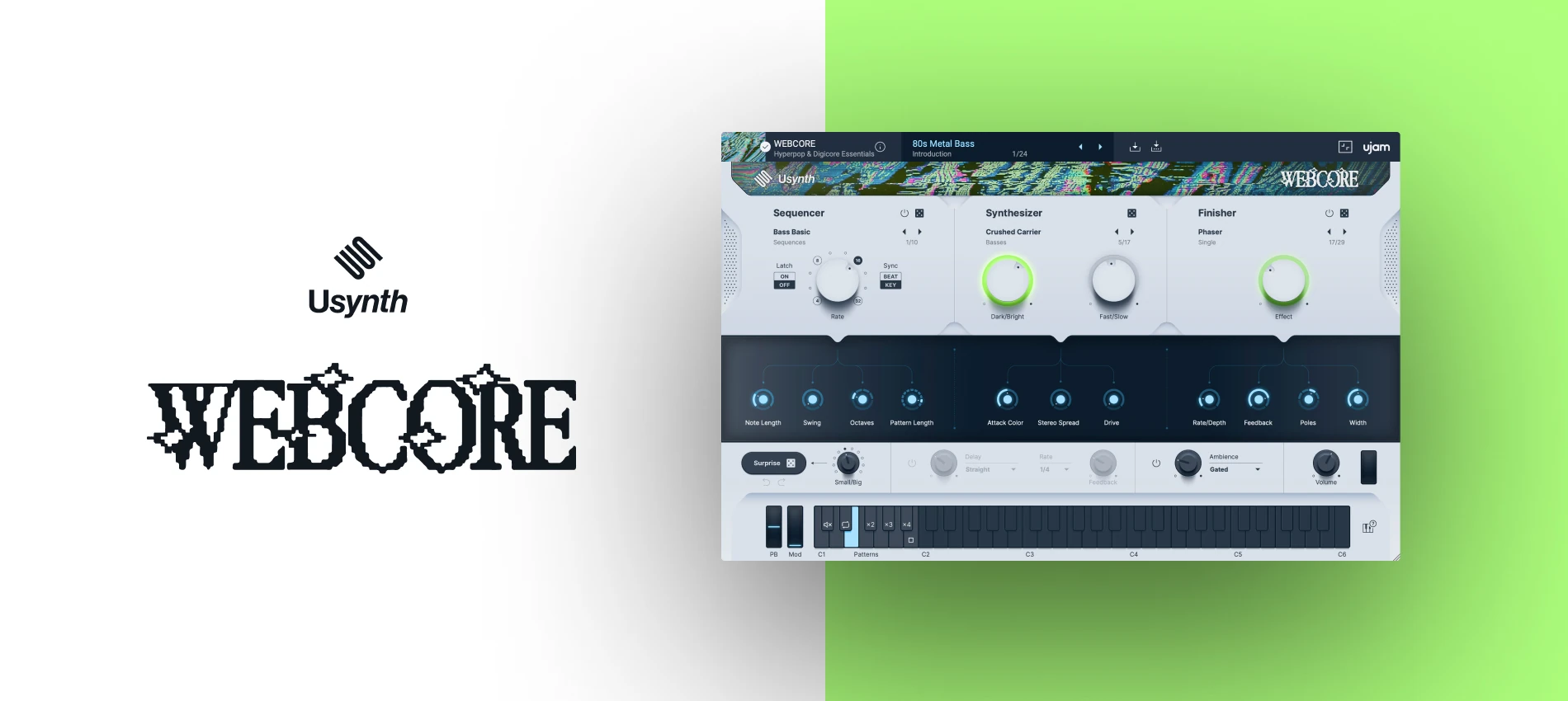 UJAM「Usynth WEBCORE」グリッチ・カオス・ハイエナジーを一瞬で生成！Hyperpop・Digicoreに特化したデジタルシンセ｜DTMプラグインセール