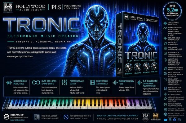 Hollywood Audio Design「TRONIC」500種類以上のループやフレーズを収録！シネマティックなエレクトロニックサウンドを手軽に制作できるKontakt対応ライブラリ｜DTMプラグインセール