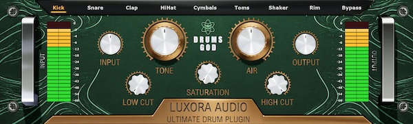 Luxora Audio「Drums God」キック・スネア・タム・ハイハットまで最適化された処理で迫力のあるドラムサウンドを実現できる無料プラグイン|DTMプラグインセール