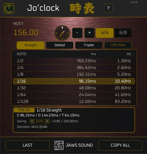 JAWS SOUND「Jo’clock — 時表 —」ディレイやLFO、リバーブのタイミング設定を効率化できるテンポ計算プラグイン｜DTMプラグインセール