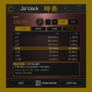 JAWS SOUND「Jo’clock — 時表 —」ディレイやLFO、リバーブのタイミング設定を効率化できるテンポ計算プラグイン｜DTMプラグインセール