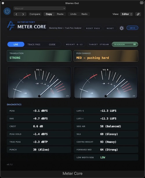 AutoFactory Audio「Meter Core」商用楽曲を基準にミックスの完成度を分析し、LUFSだけでは分からない課題まで可視化できるマスターバス用メータープラグイン｜DTMプラグインセール