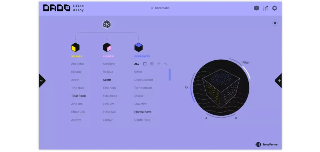 Tonal Forms「DADO - Lilac Alloy」有機的な響きと金属的な質感が融合した、変化し続けるサウンドを直感的に作れるKontakt対応音源｜DTMプラグインセール