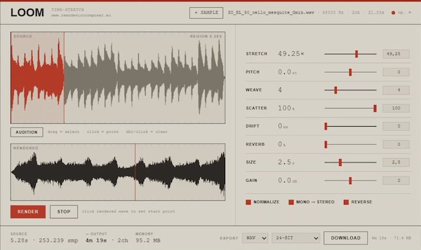 Remo De Vico「LOOM」音程を変えずに音を極限まで引き伸ばし、幻想的なテクスチャ・パッド・ドローンサウンドを作れるブラウザベースのタイムストレッチツール｜DTMプラグインセール