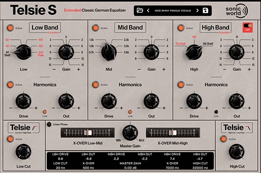 SonicWorld Plugins「Telsie S 3-Band Equalizer」AIRモードやハーモニクス機能を搭載したヴィンテージEQ|DTMプラグインセール