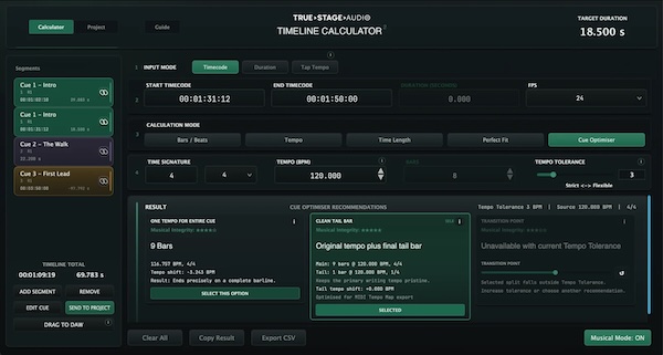True Stage Audio「Timeline Calculator 2」タイムコード計算・テンポ調整・キュー管理・プロジェクト管理まで1つで行える映像音楽制作向けワークフローツール|DTMプラグインセール