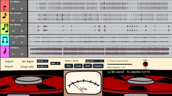lo-bit record「Dr splitter CMT1(Beta)」AIでドラムを5つのパートに分離して耳コピや電子ドラムの2Mix再編集に活用できるWindows向けソフト|DTMプラグインセール